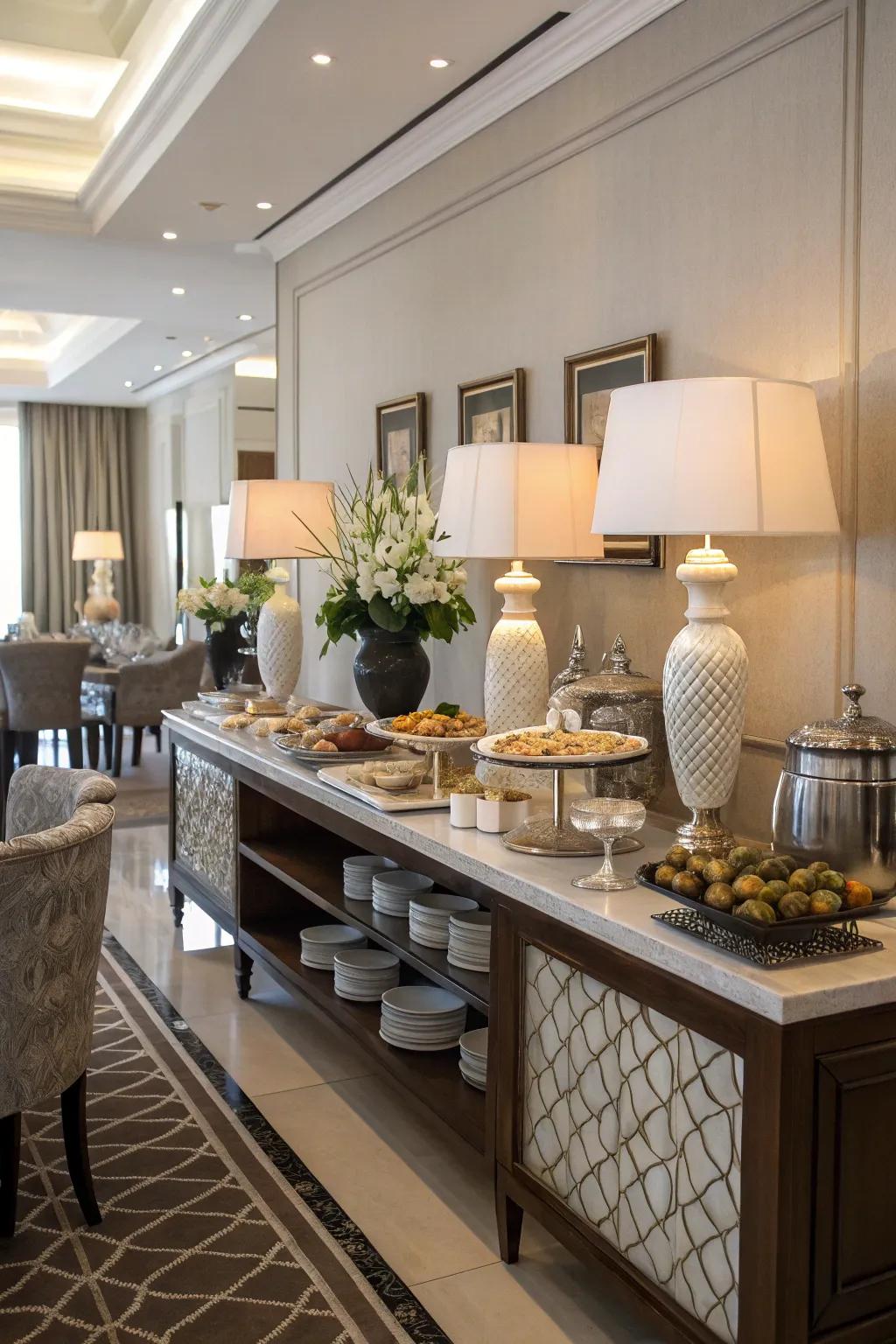 Symmetry introduces sophistication and structure to this dining buffet.