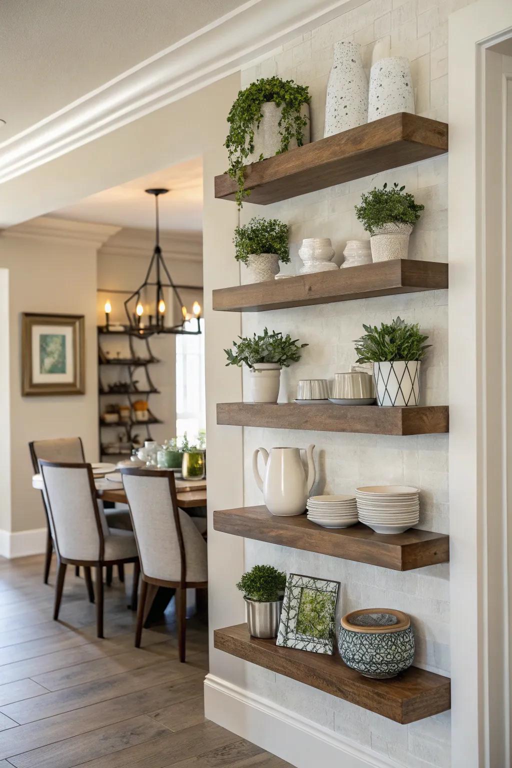 Floating shelves offer chic options for storage and display.