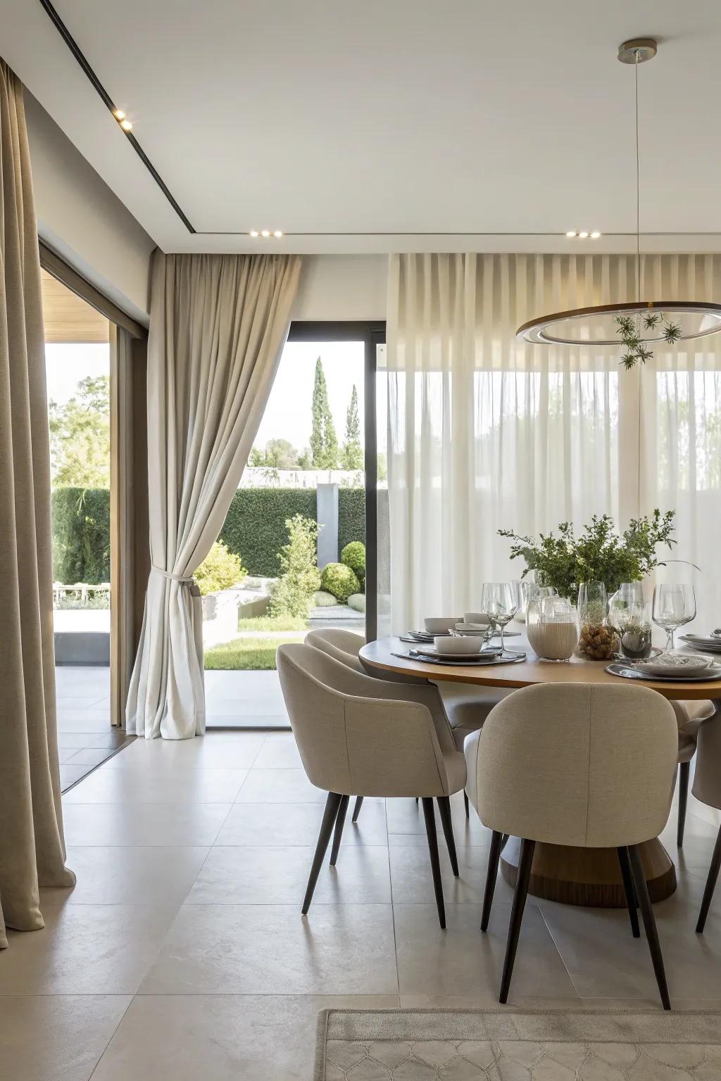 Minimalist window coverings for a modern dining area.