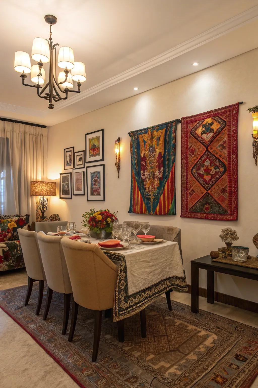 A neutral base highlighted with vibrant colors enlivens the dining room.
