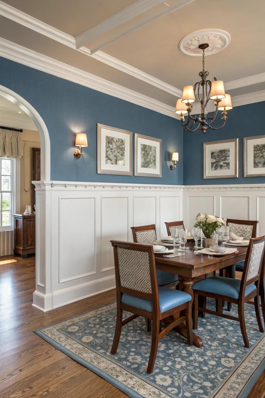 Two-tone wainscoting adds visual interest with a harmonious color blend.