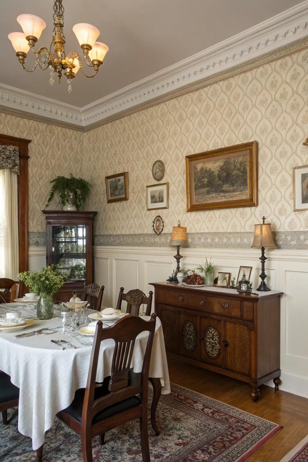 Wallcovering above the chair rail adds depth and visual interest.
