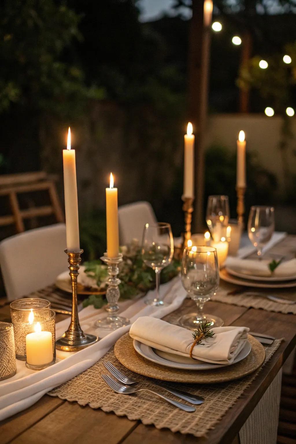 Candlelight establishes a cozy and inviting ambiance on the dinner table.