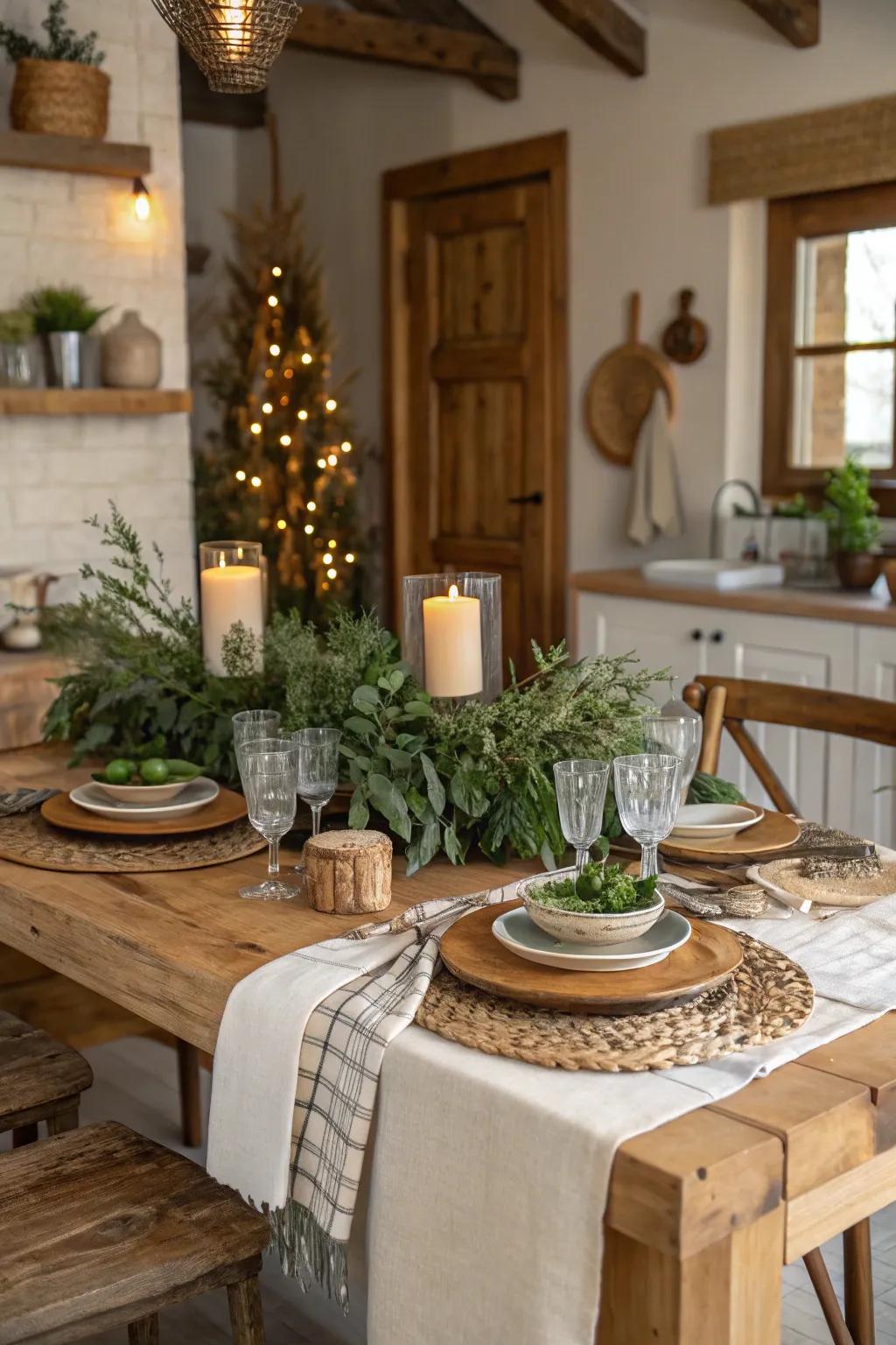 Natural components such as verdant foliage and wood elevate the table.