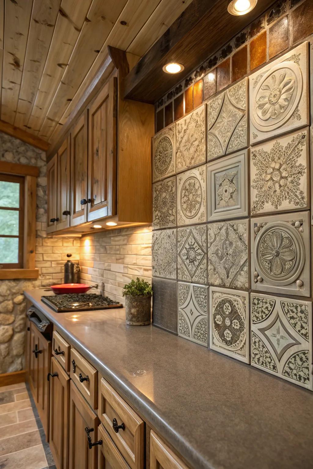 Upcycled metal panels add a vintage charm to any kitchen.
