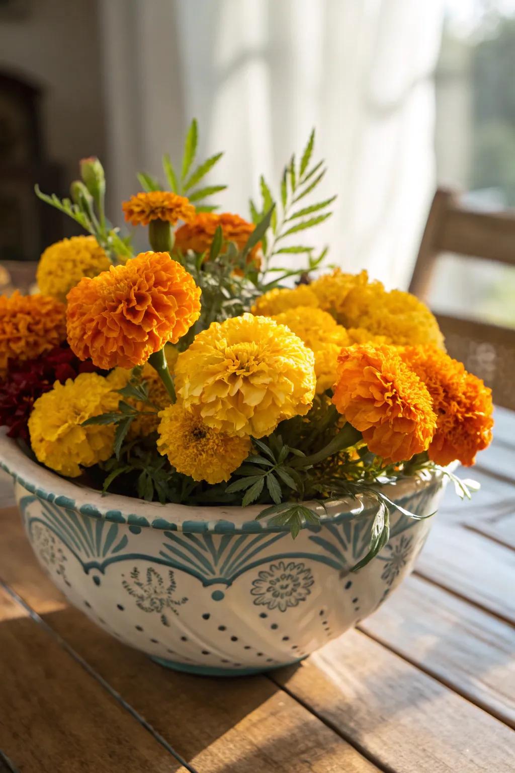 Calendula arrangements introduce a natural, fragrant touch.