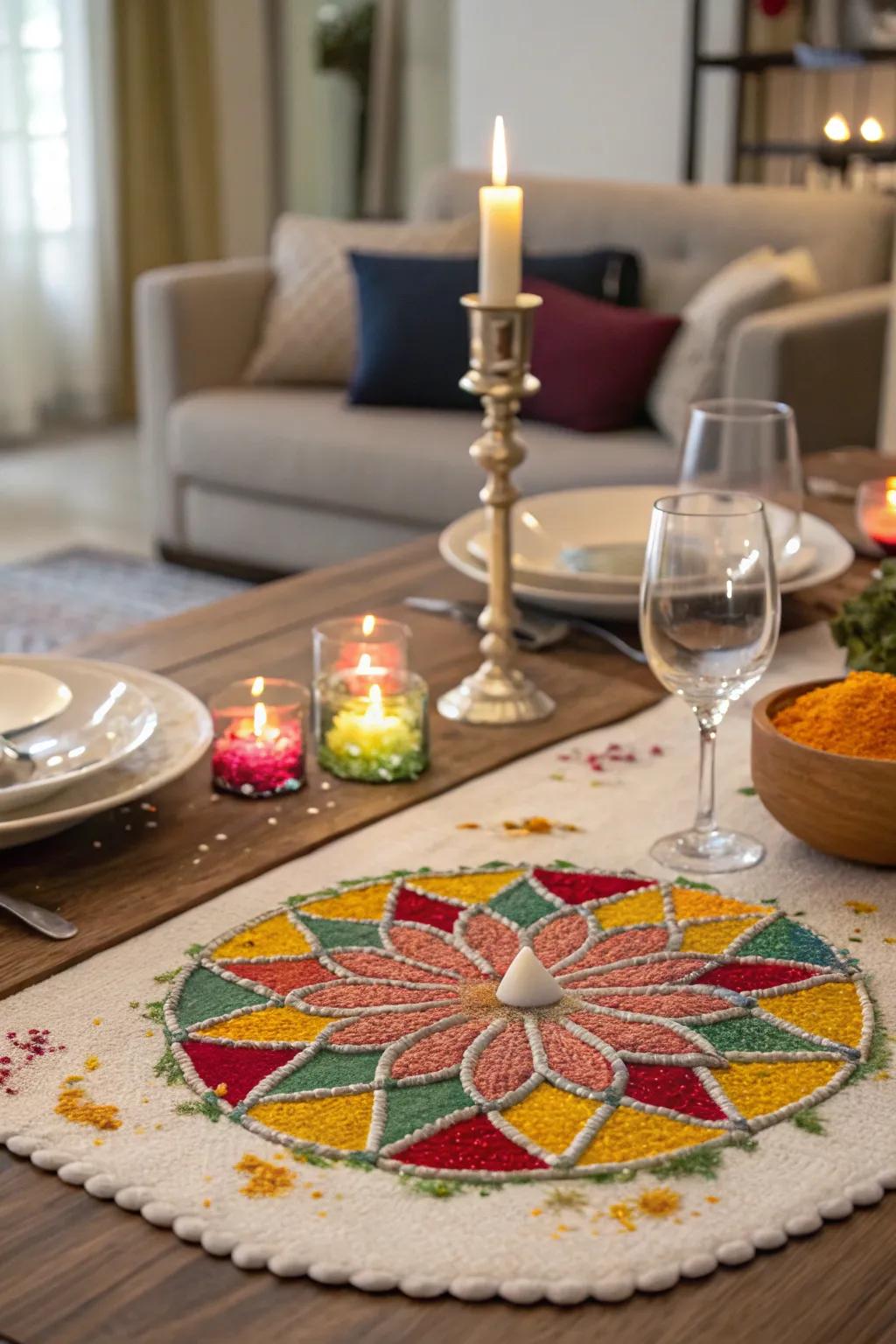 An artistic rangoli layout provides an impressive focal point for the Diwali surface.