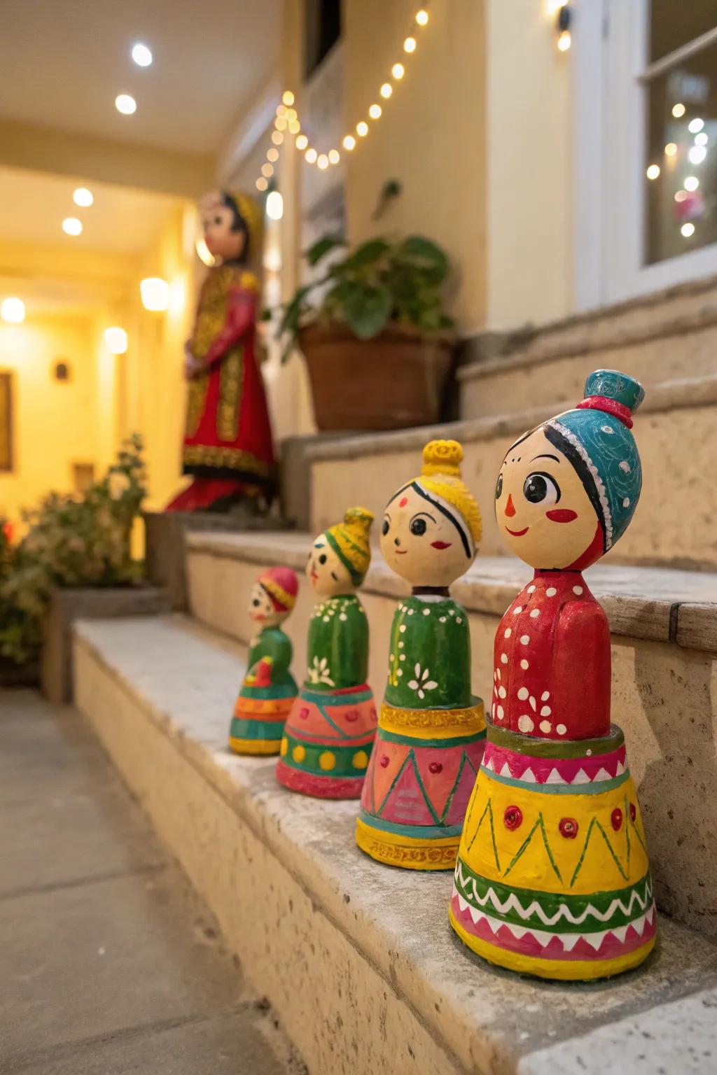 Colorful handmade clay dolls ready for Golu.