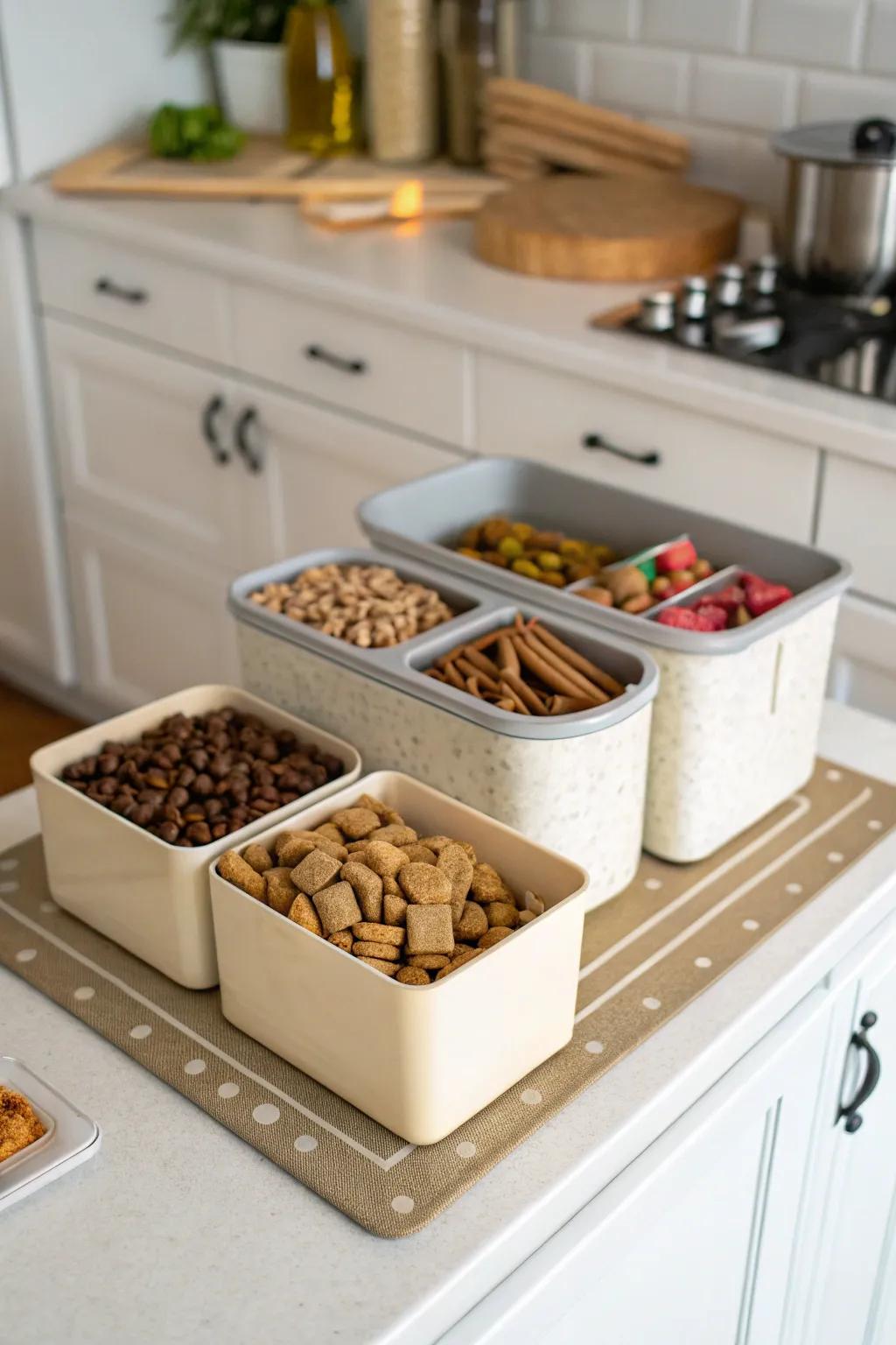 A multi-compartment organizer neatly arranges and provides easy access to various dog foods and snacks.
