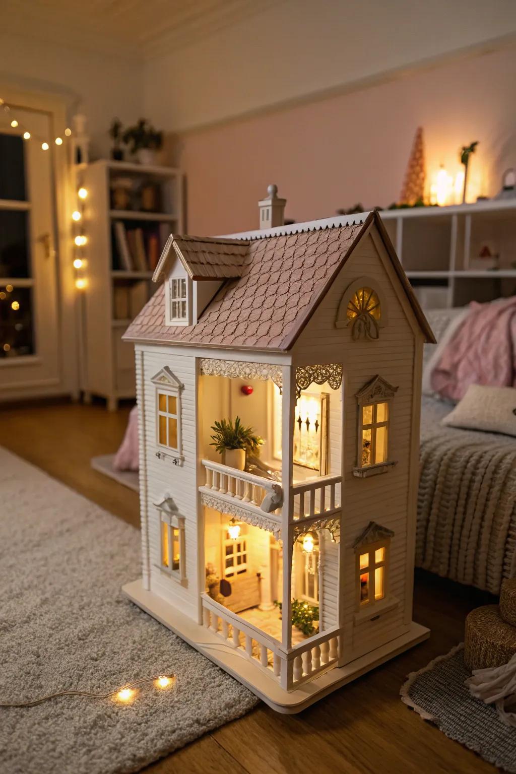 Lighting imparts a cozy element to dollhouse arrangements.