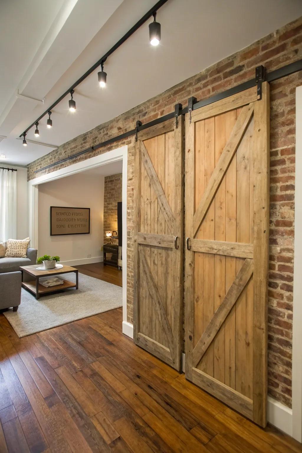 Rustic barn-style doors provide a cozy and space-saving answer for studio apartments.