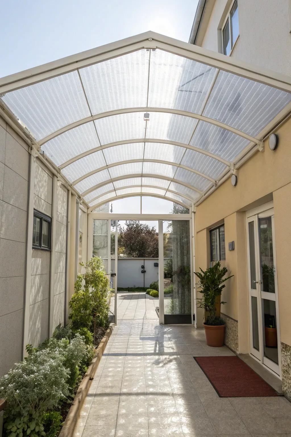 An entrance featuring a see-through polymer plastic covering, providing a bright and airy atmosphere.
