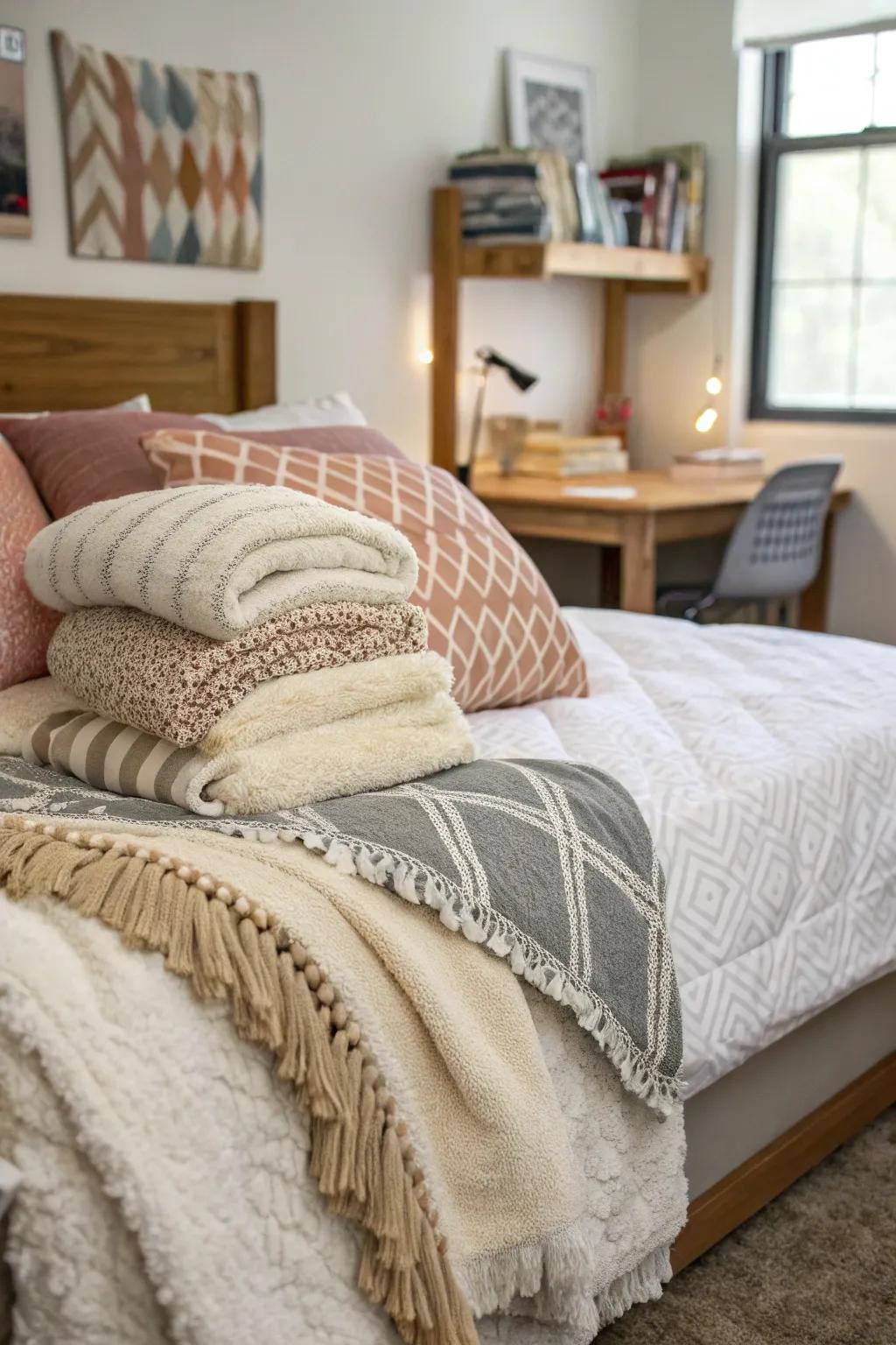 Layered bedding provides comfort and style to your dorm bed.