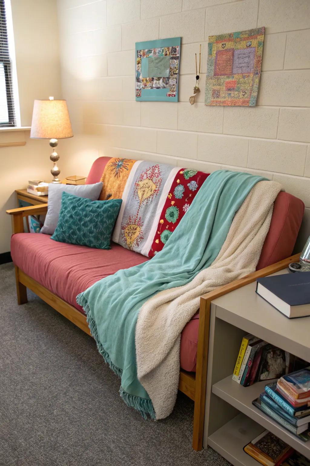 Pillows and throws bring added style and comfort to this dorm couch.