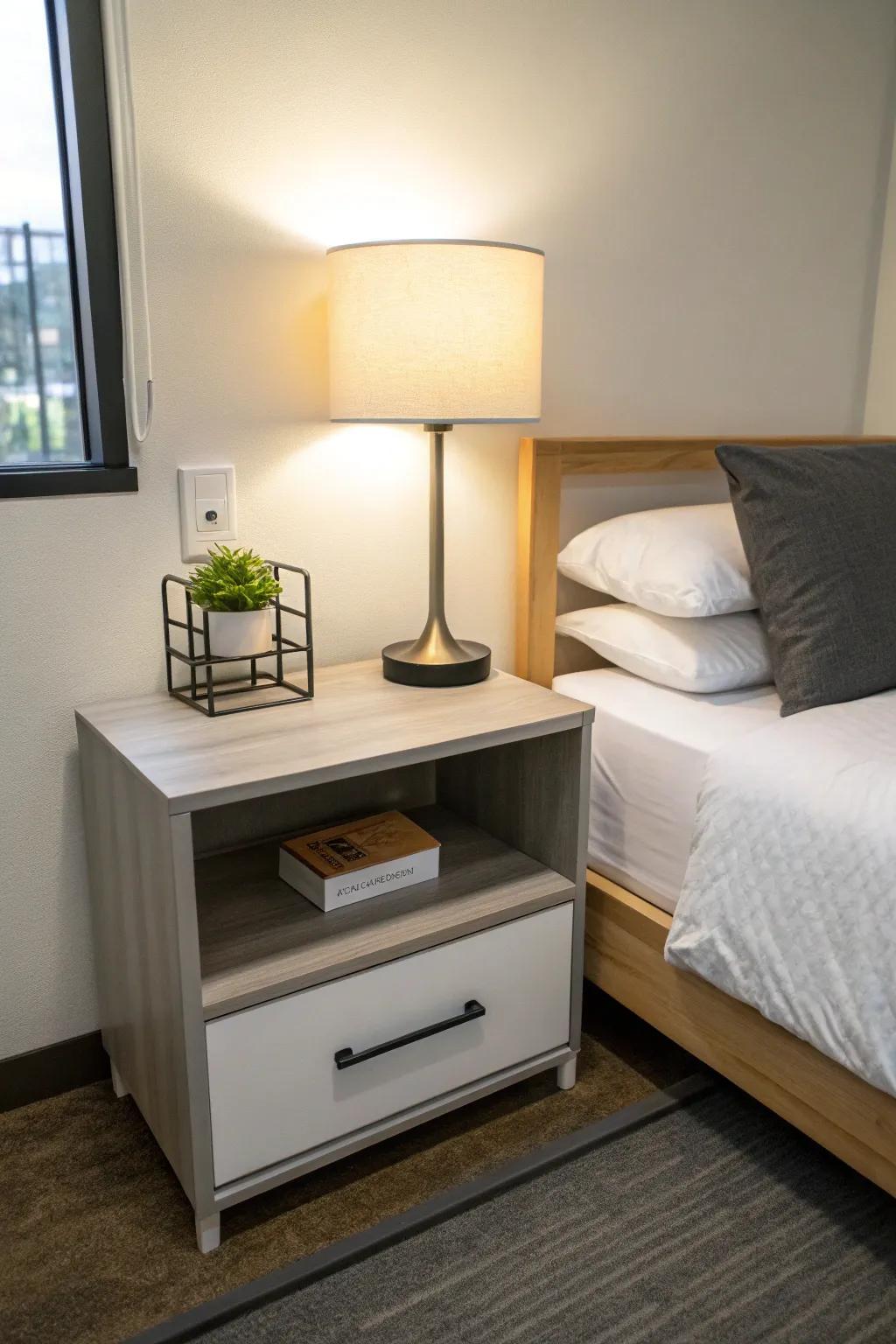An understated nightstand fosters a tidy and peaceful dorm atmosphere.