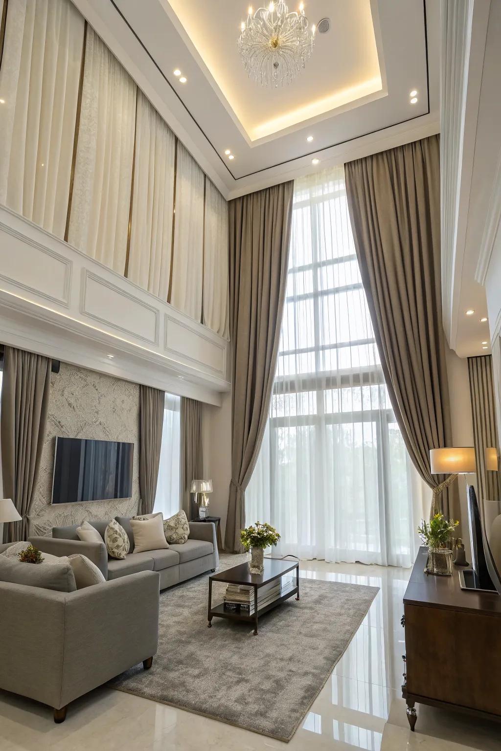 Ceiling-mounted layered curtains create a dramatic, height-enhancing effect.