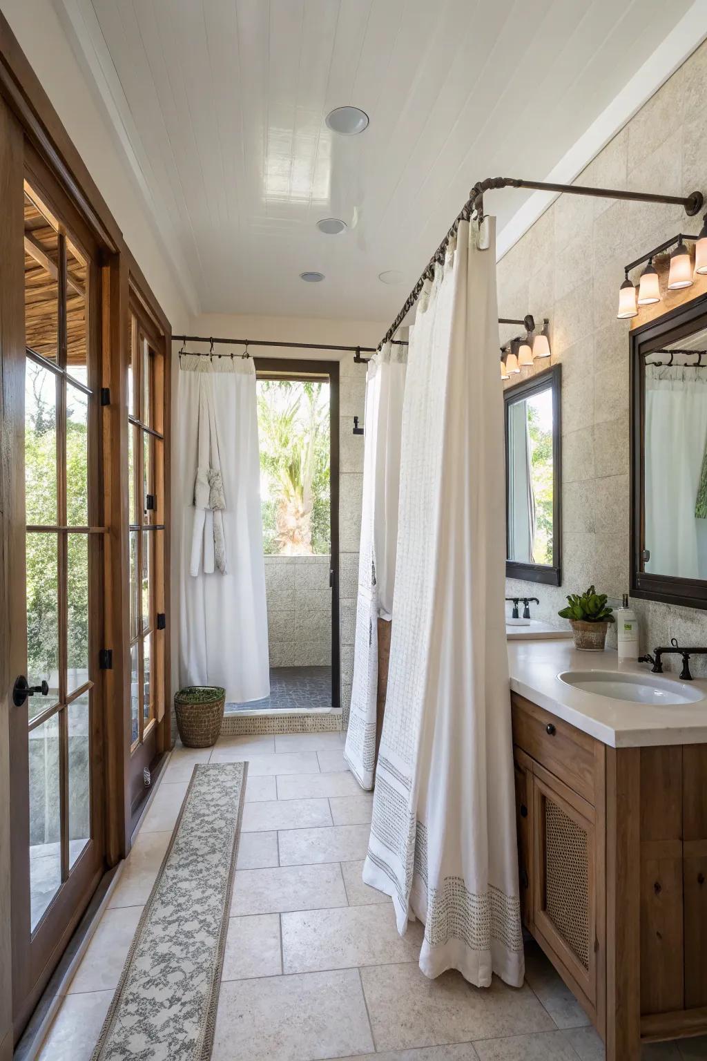 Drapes can creatively separate space within an open bathroom layout.