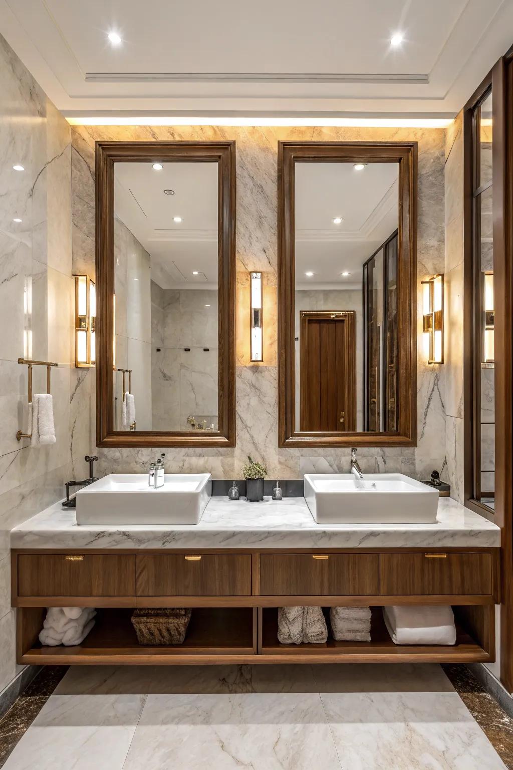 Large statement mirrors add drama and sophistication above double sinks.