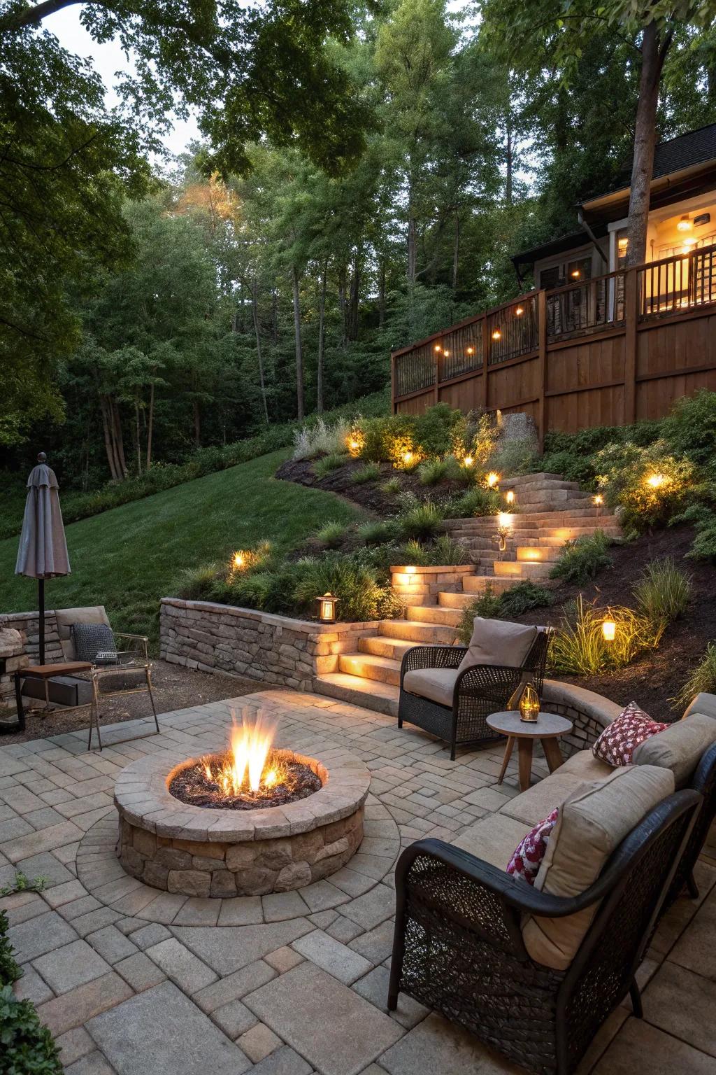 Design a cozy and welcoming social area with a fire area on your sloped yard.