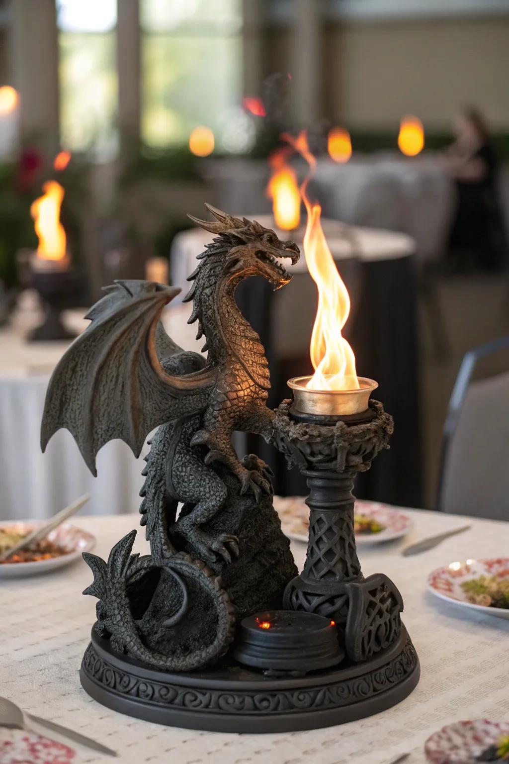 Fiery table centerpieces craft an alluring ambiance.