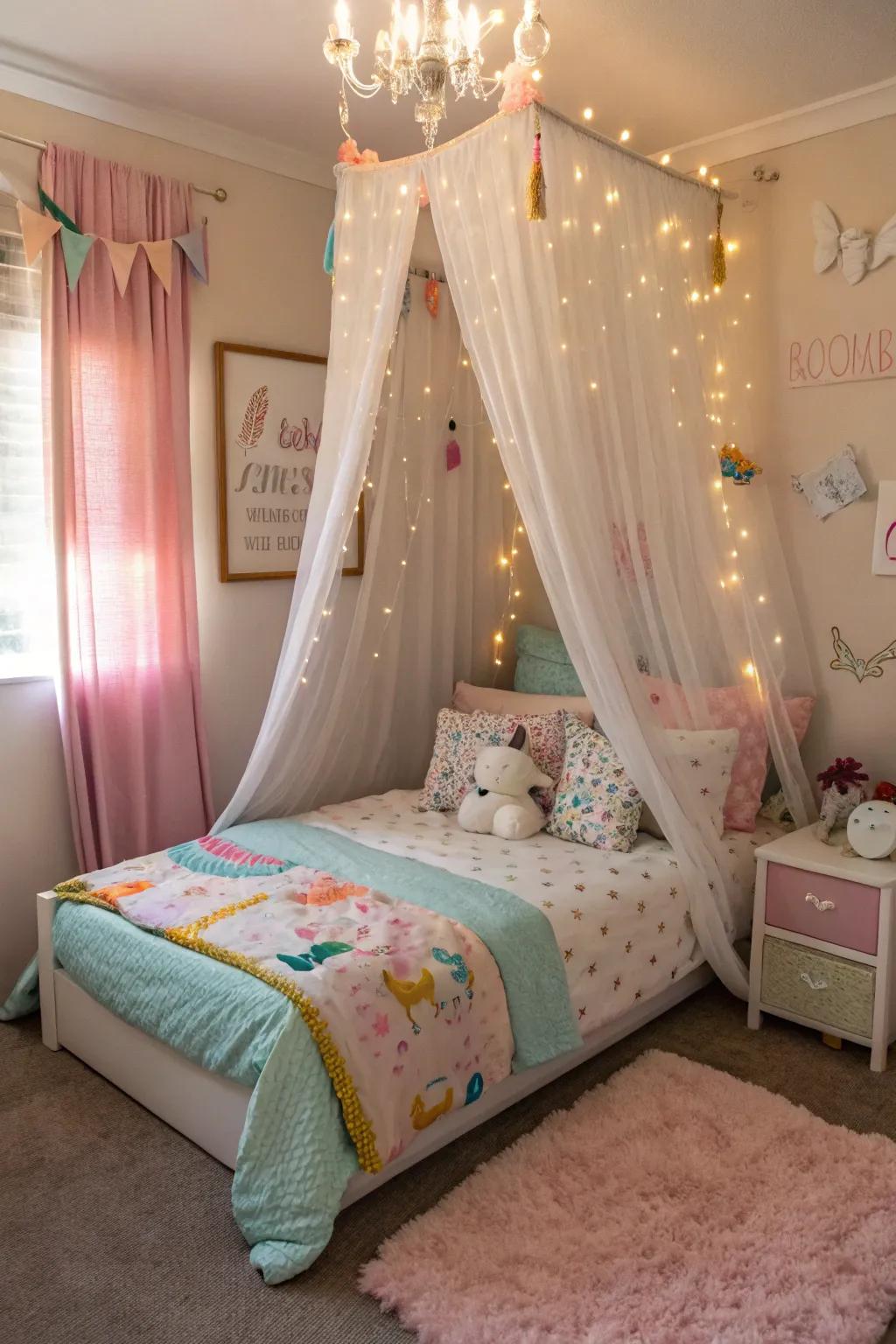 A bedroom featuring a whimsical draped bed and thematic decor.