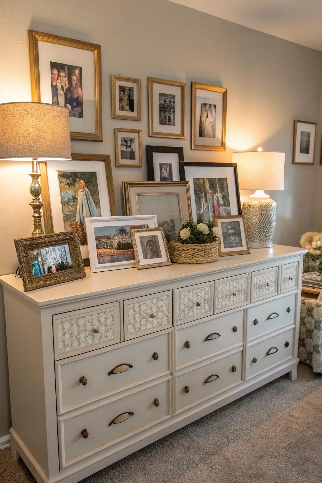 Framed art adds a personal and artistic element to the dresser.