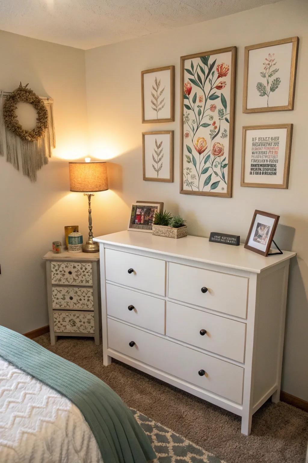 A small dresser with wall art above, establishing a stylish, upright focal point.