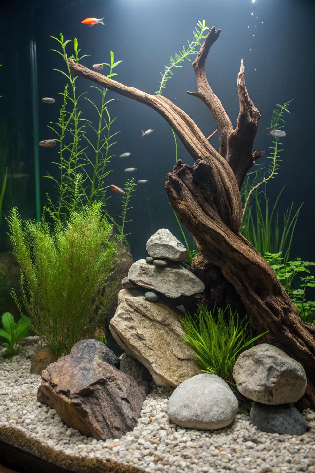 A harmonious combination of timber and stones in a wonderfully balanced aquarium.