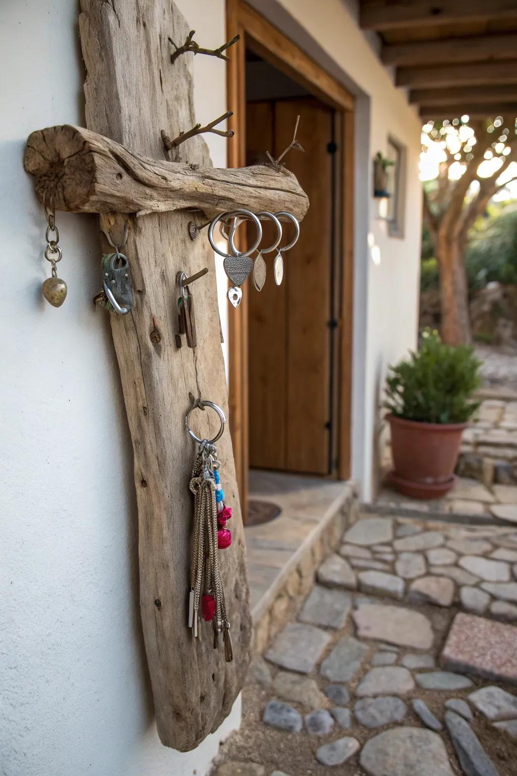 Keep your keys arranged with countryside found-wood appeal.