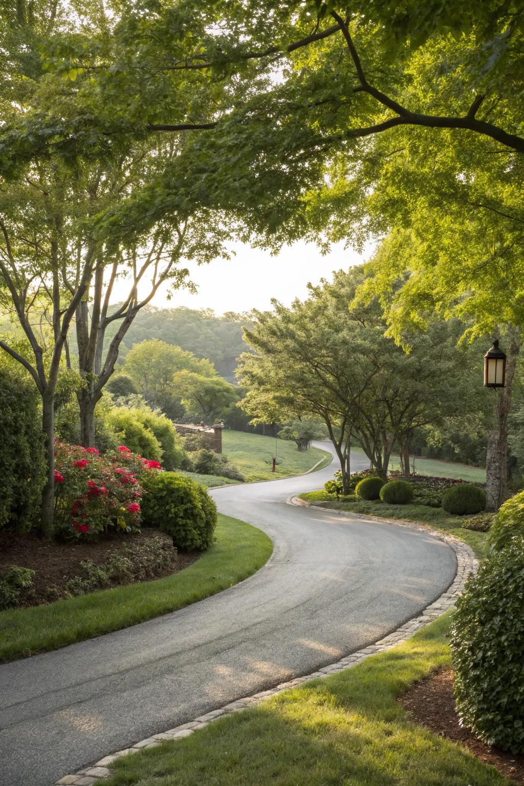 Contoured driveway configuration enhancing the landscape's fluidity.