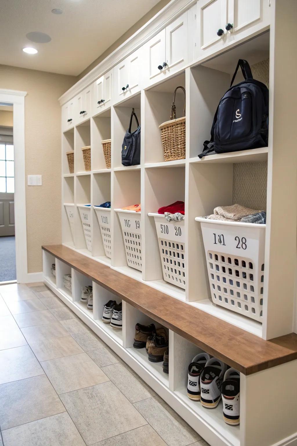 Labeled bins in cubbies keep everything in its place.