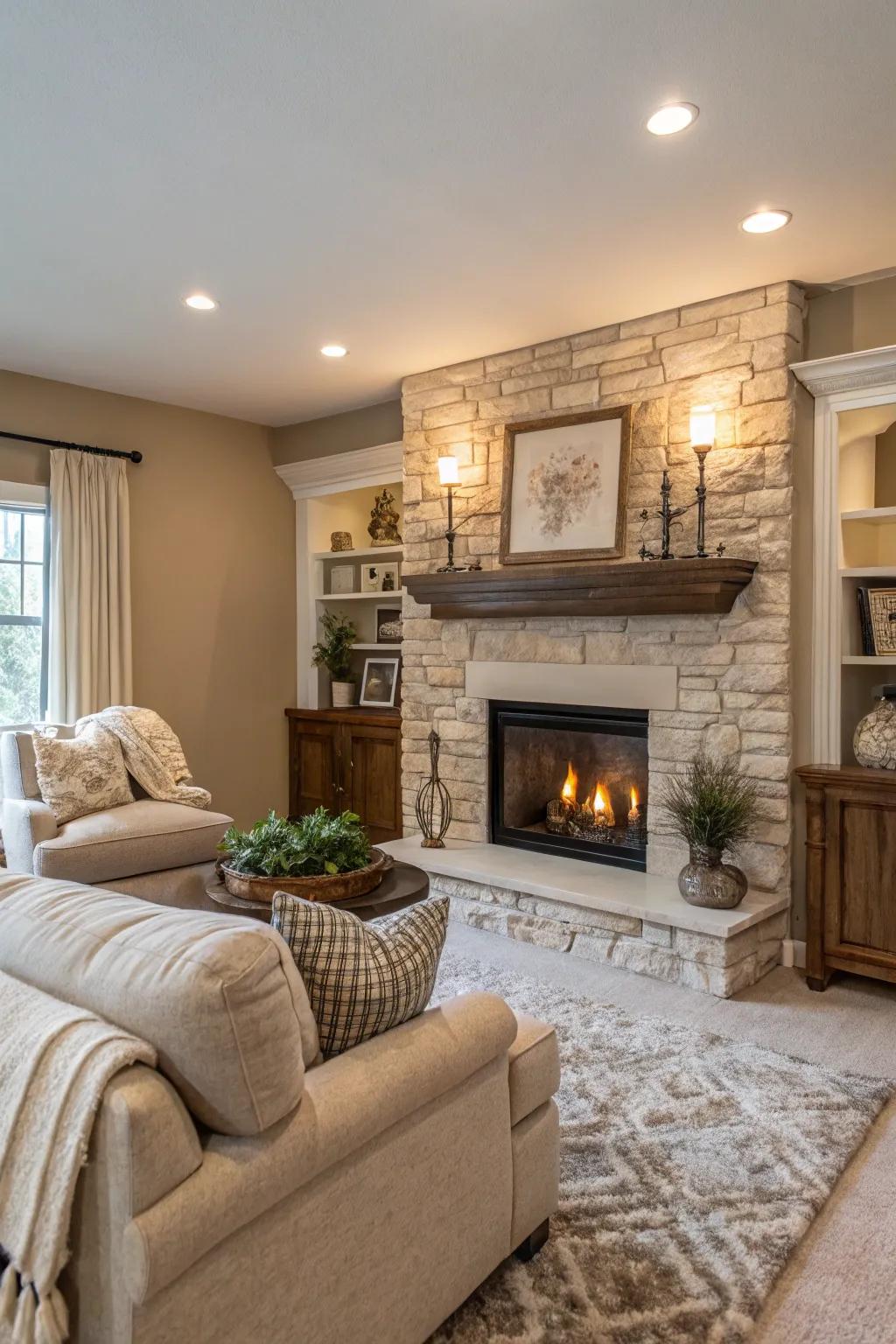 A drywall fireplace that integrates easily with neutral decor.