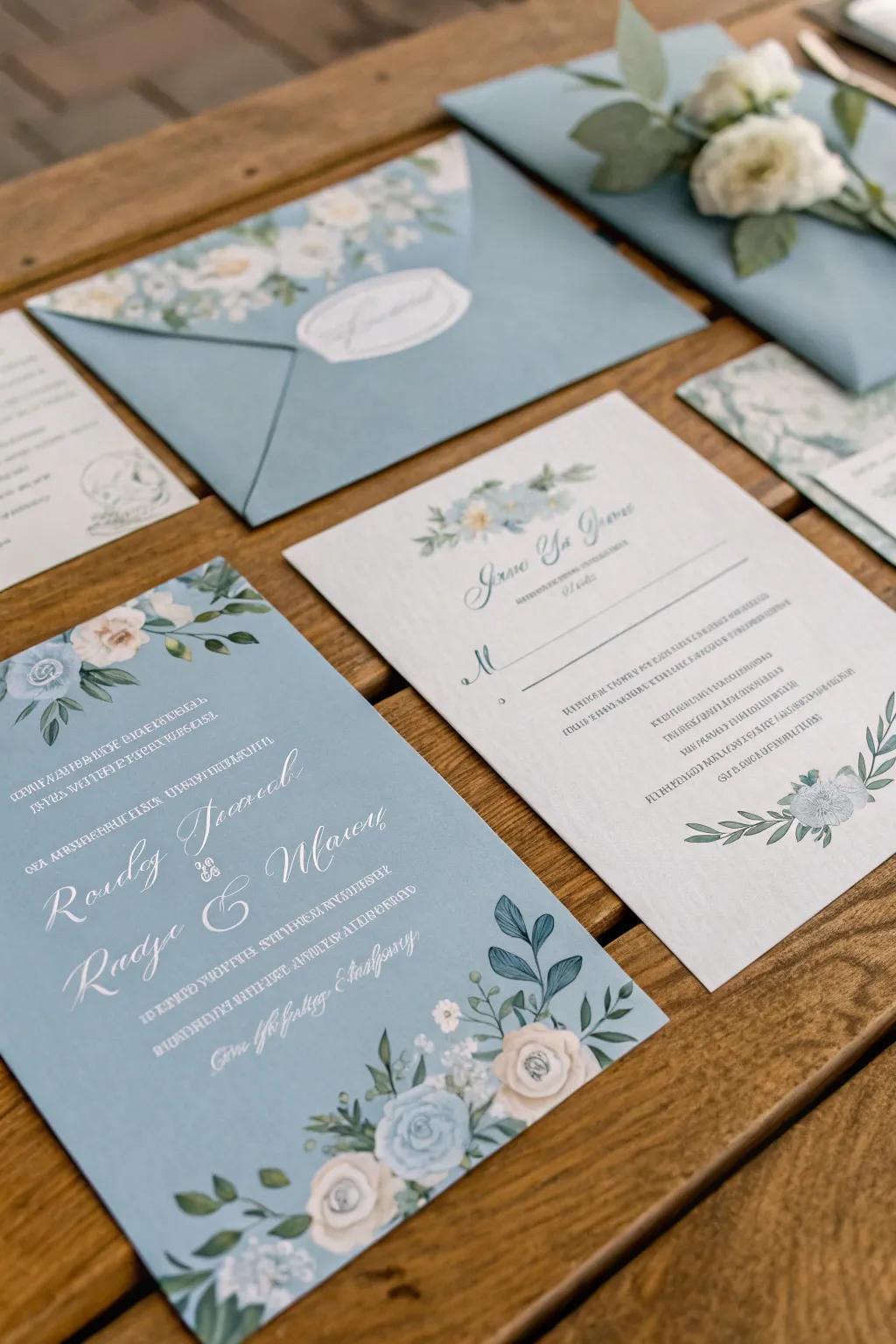 Chic and sophisticated dusty blue invitations that set the perfect tone for your wedding.