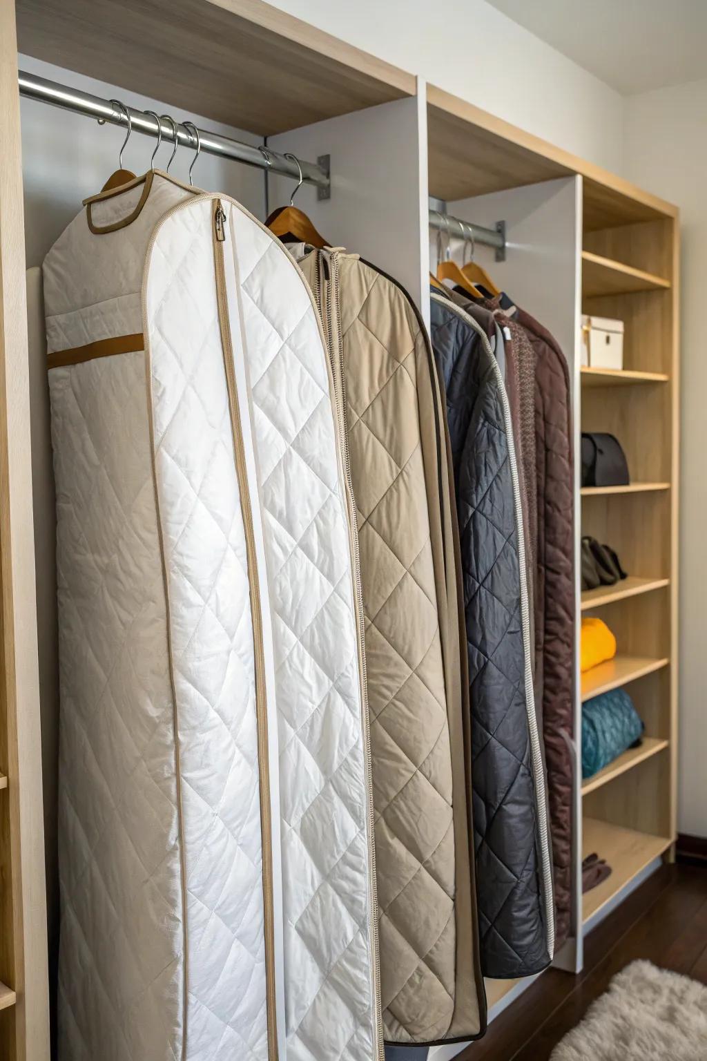 Hanging comforters in garment bags for a space-saving solution.