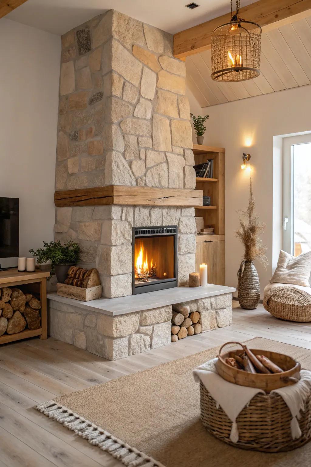 Incorporate depth and texture using classic stone elements. #EarthTones #CozyLiving