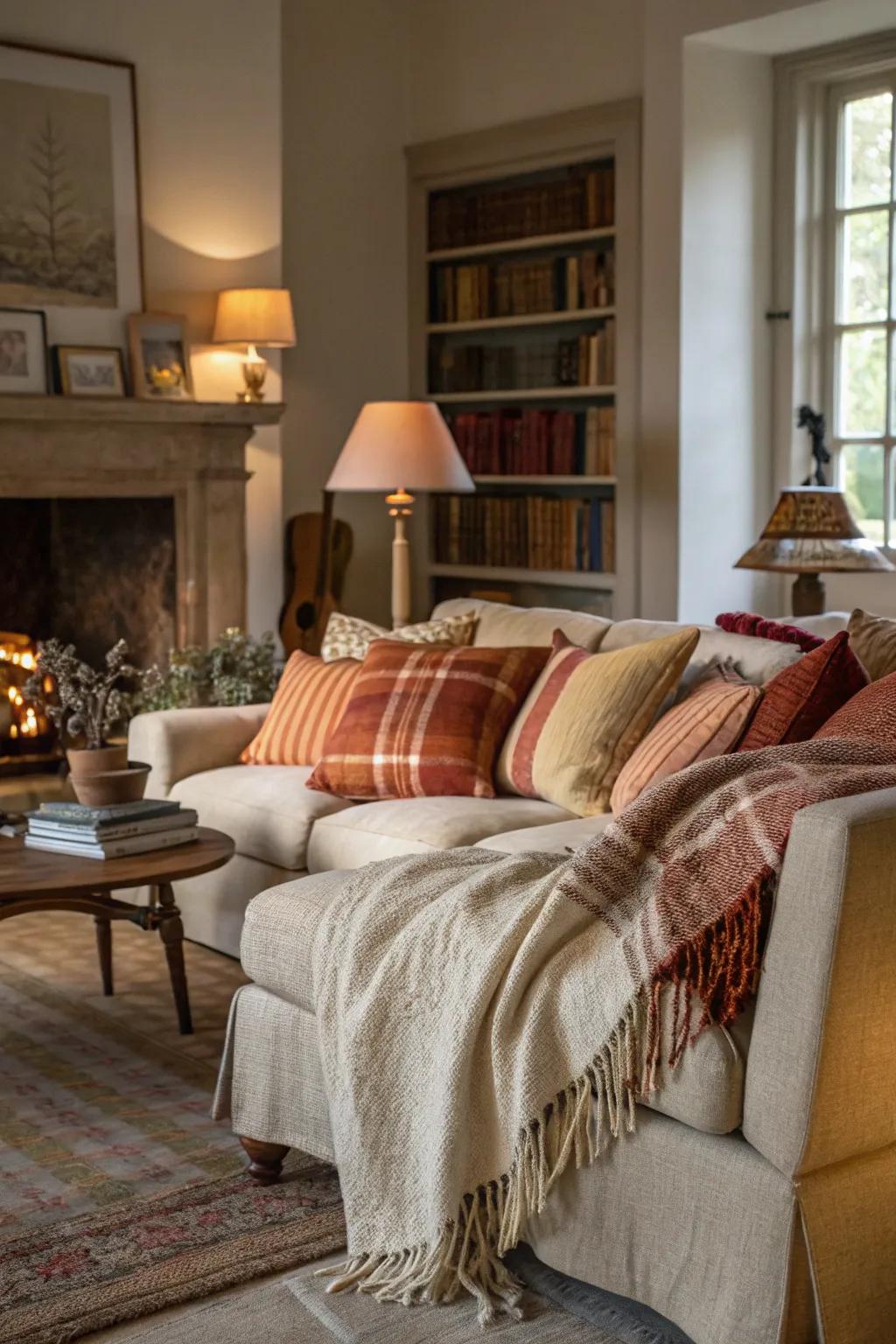 Living area featuring layered fabrics for enhanced texture.