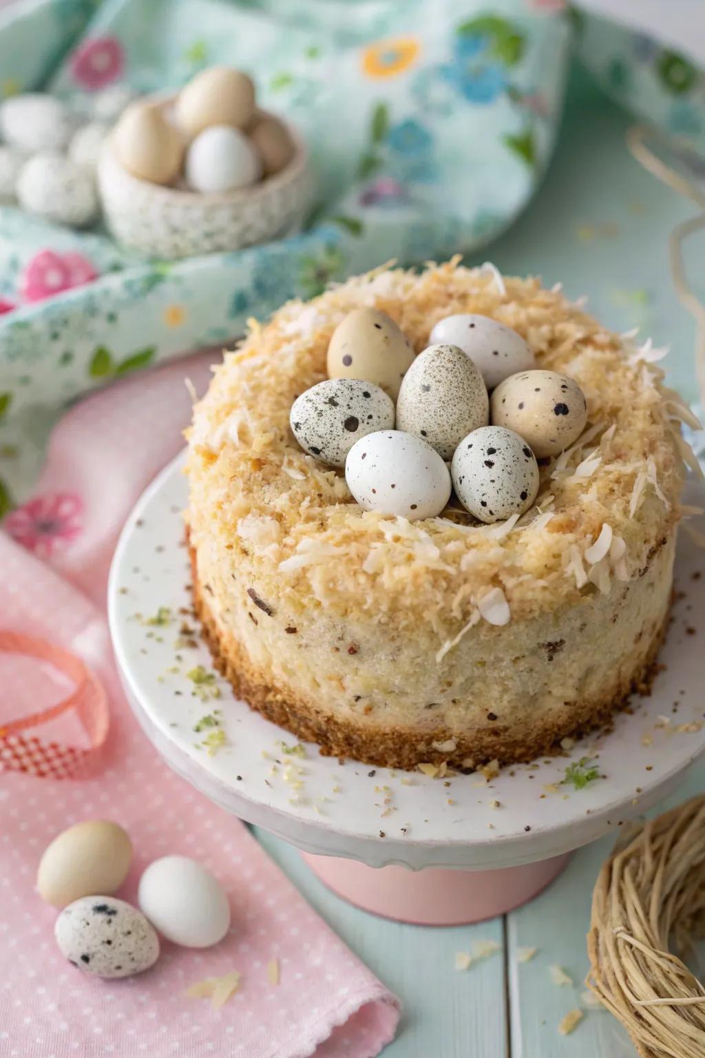 A flecked ovum abode introduces an elegant touch to this Easter cake.