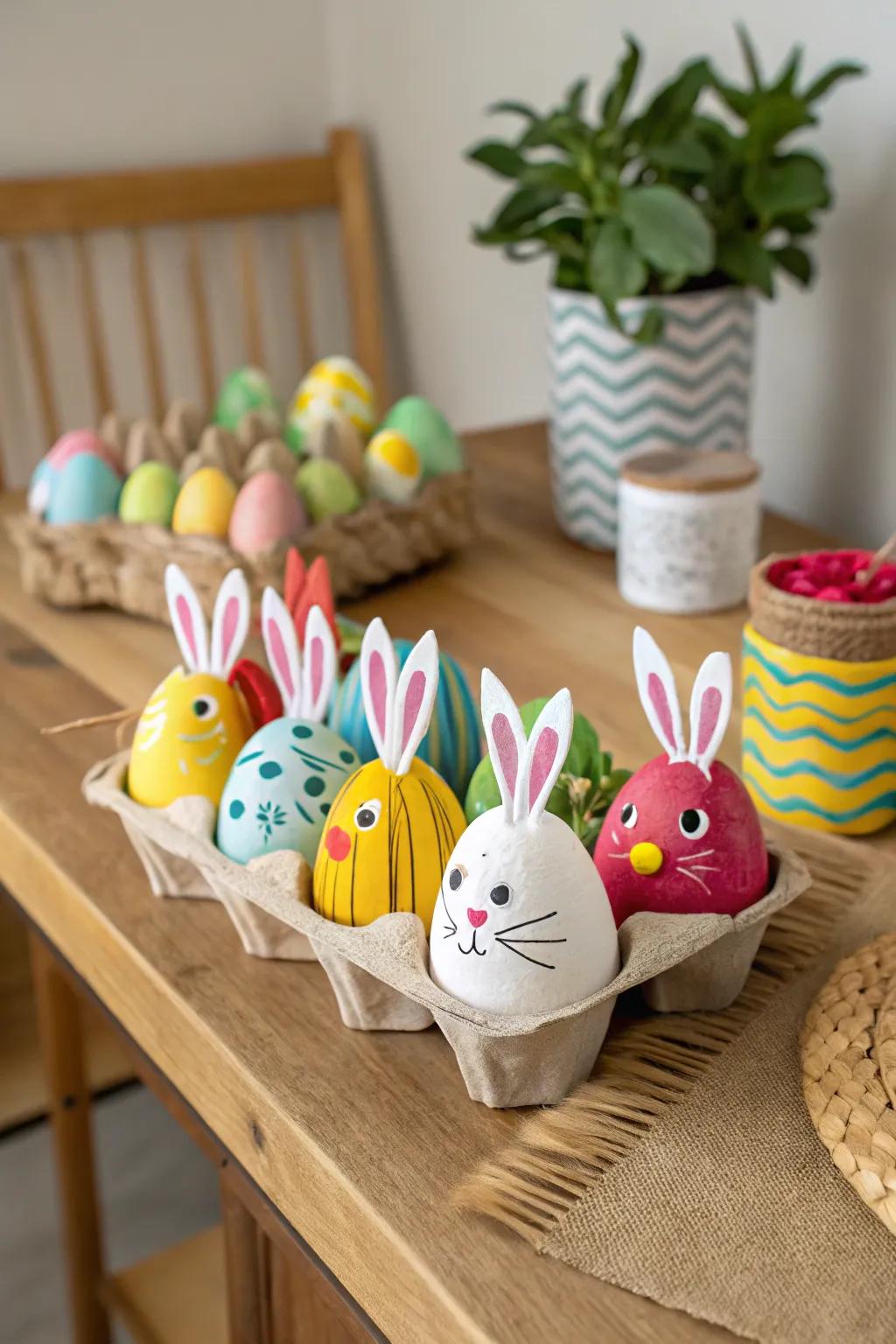 Artful Easter bunnies fashioned from repurposed orb cartons.