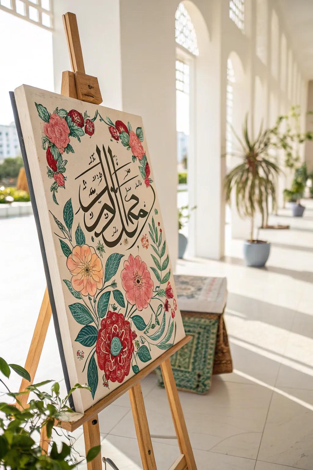 Flower-based patterns paired with Arabic lettering introduce a lively and organic sensation.