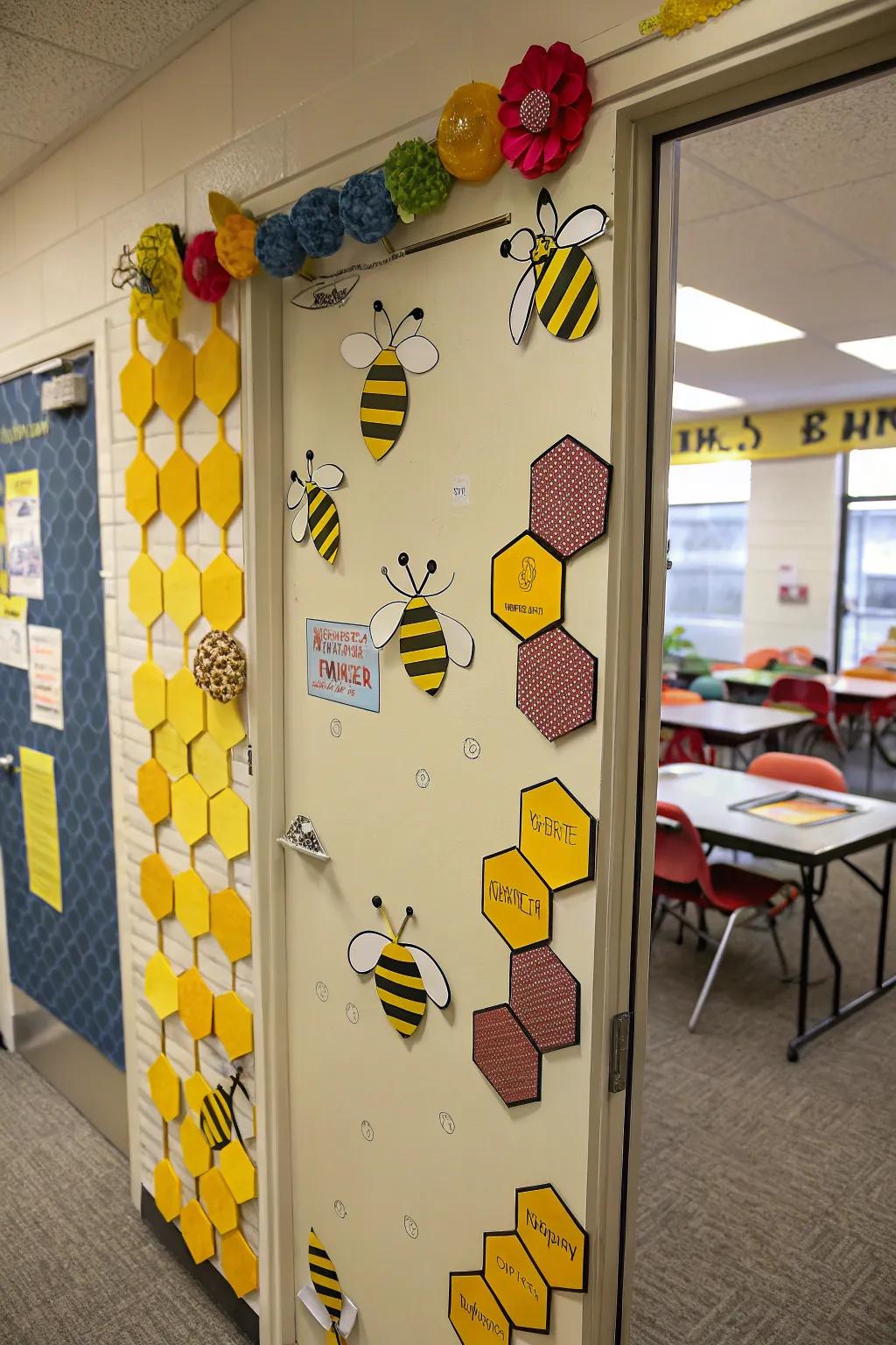 A buzzing bee-themed classroom door that brings the wonders of nature into the classroom.