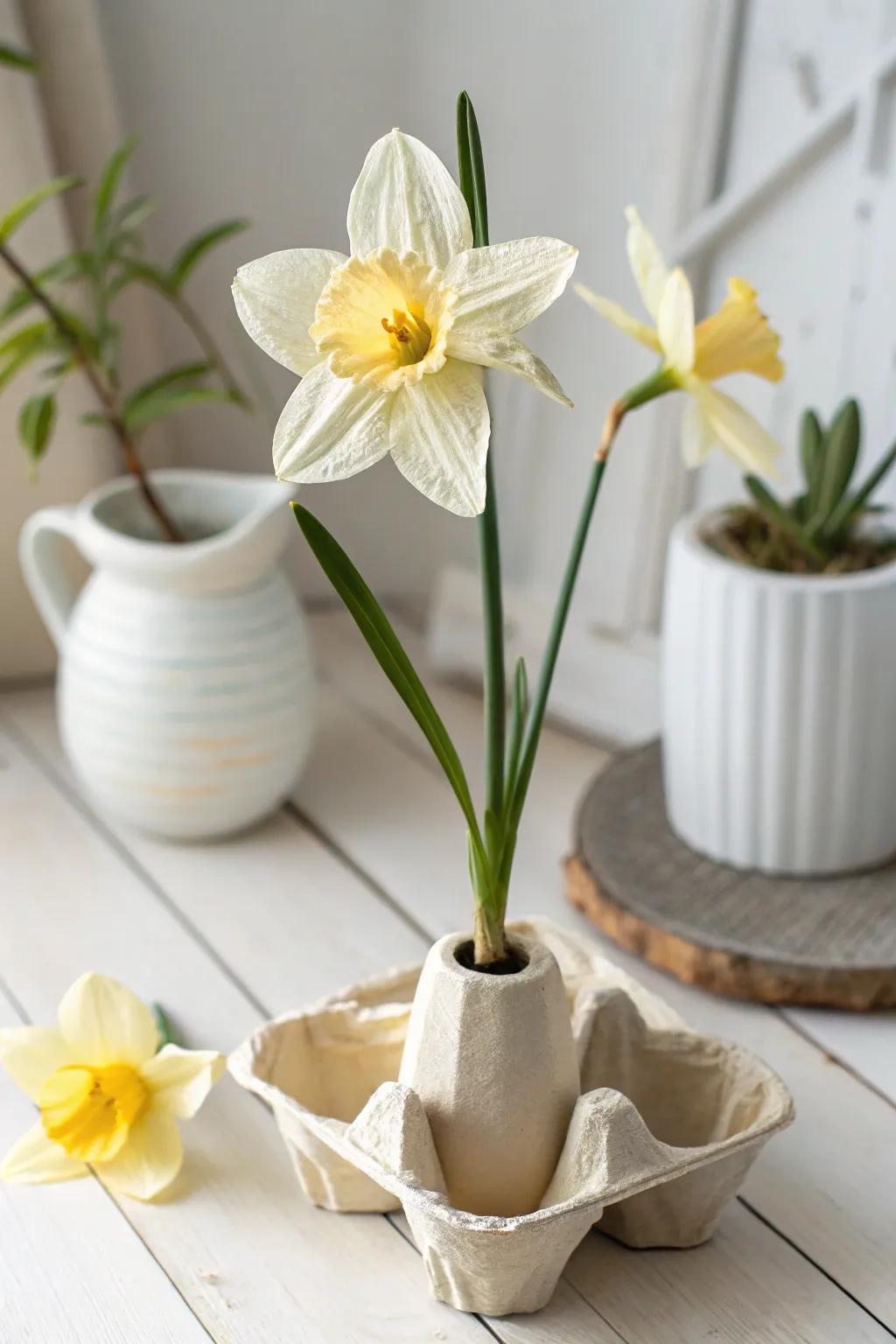 Embrace the beauty of spring with eco-friendly elegance: Upcycled Carton Bloom Decor 🌼 #SpringCrafts #MinimalistBeauty