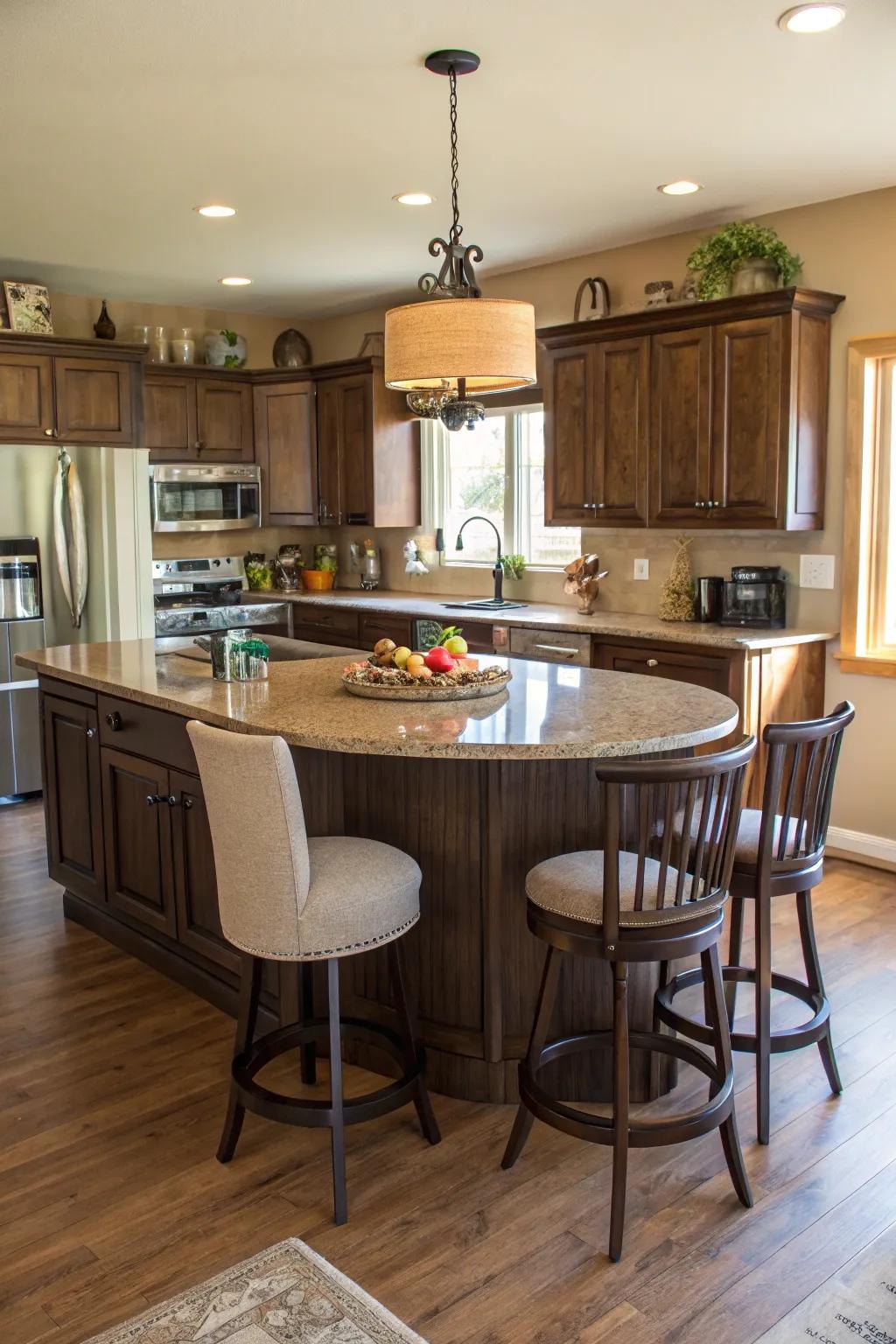 A curved island that’s perfect for family gatherings.