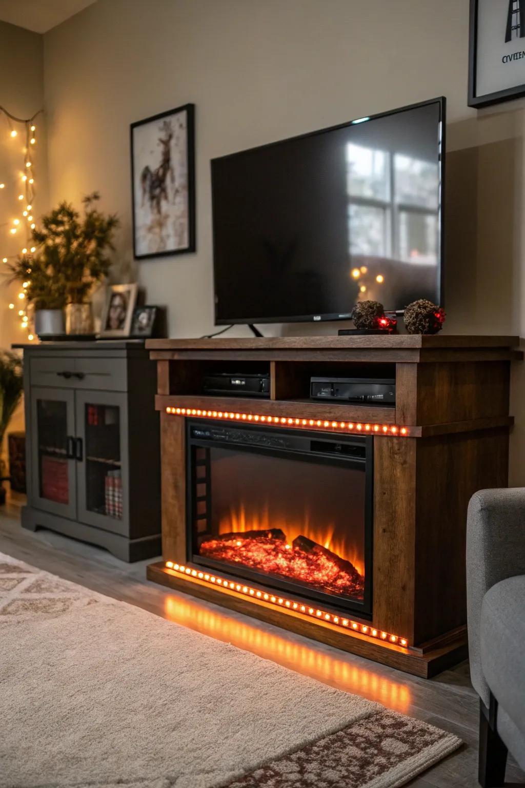 Focused lighting creates a cozy and welcoming mood surrounding your fireplace and TV.