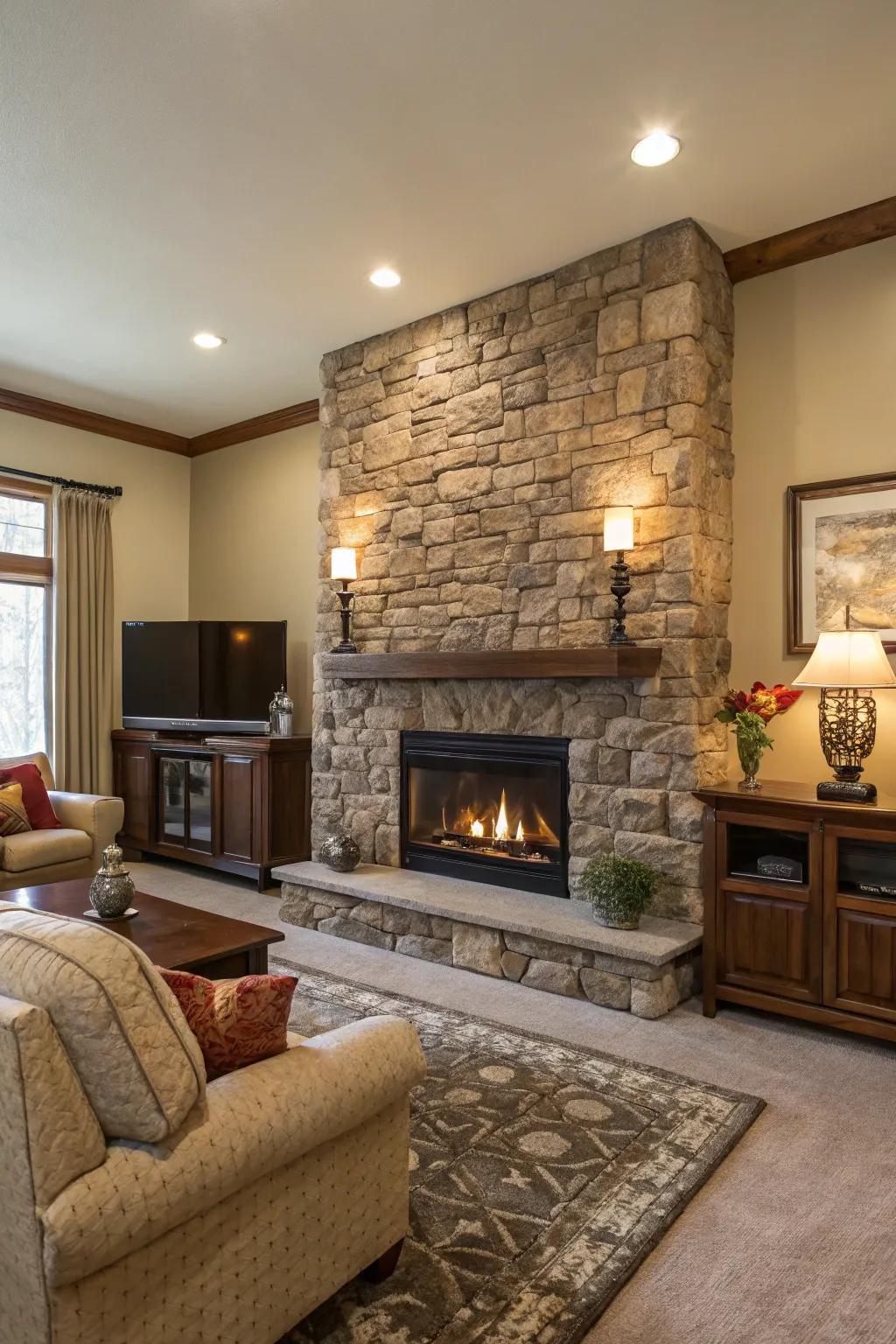 A stone accent wall featuring a built-in electric fireplace