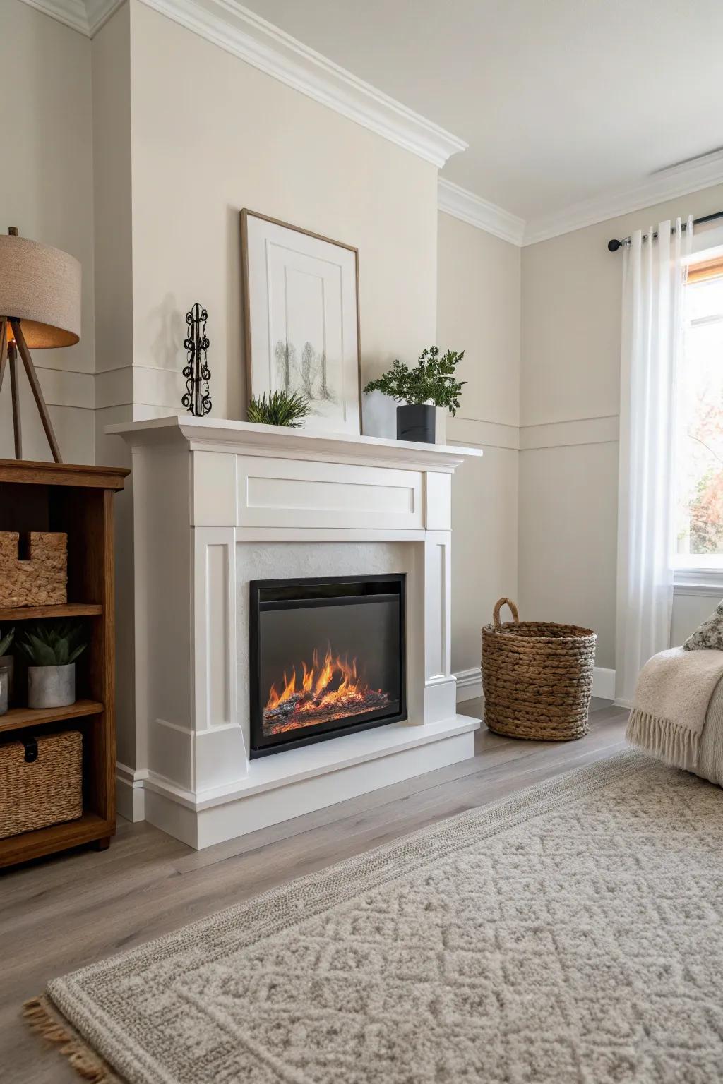 Minimalist elegance with an electric fire feature as the centerpiece.