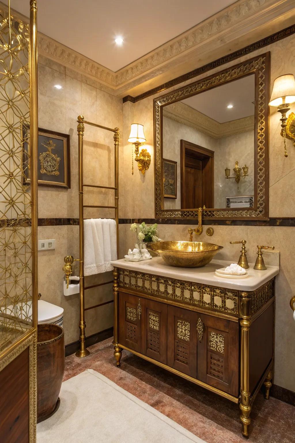 Metallic touches impart a modern twist to a traditional bathroom design.