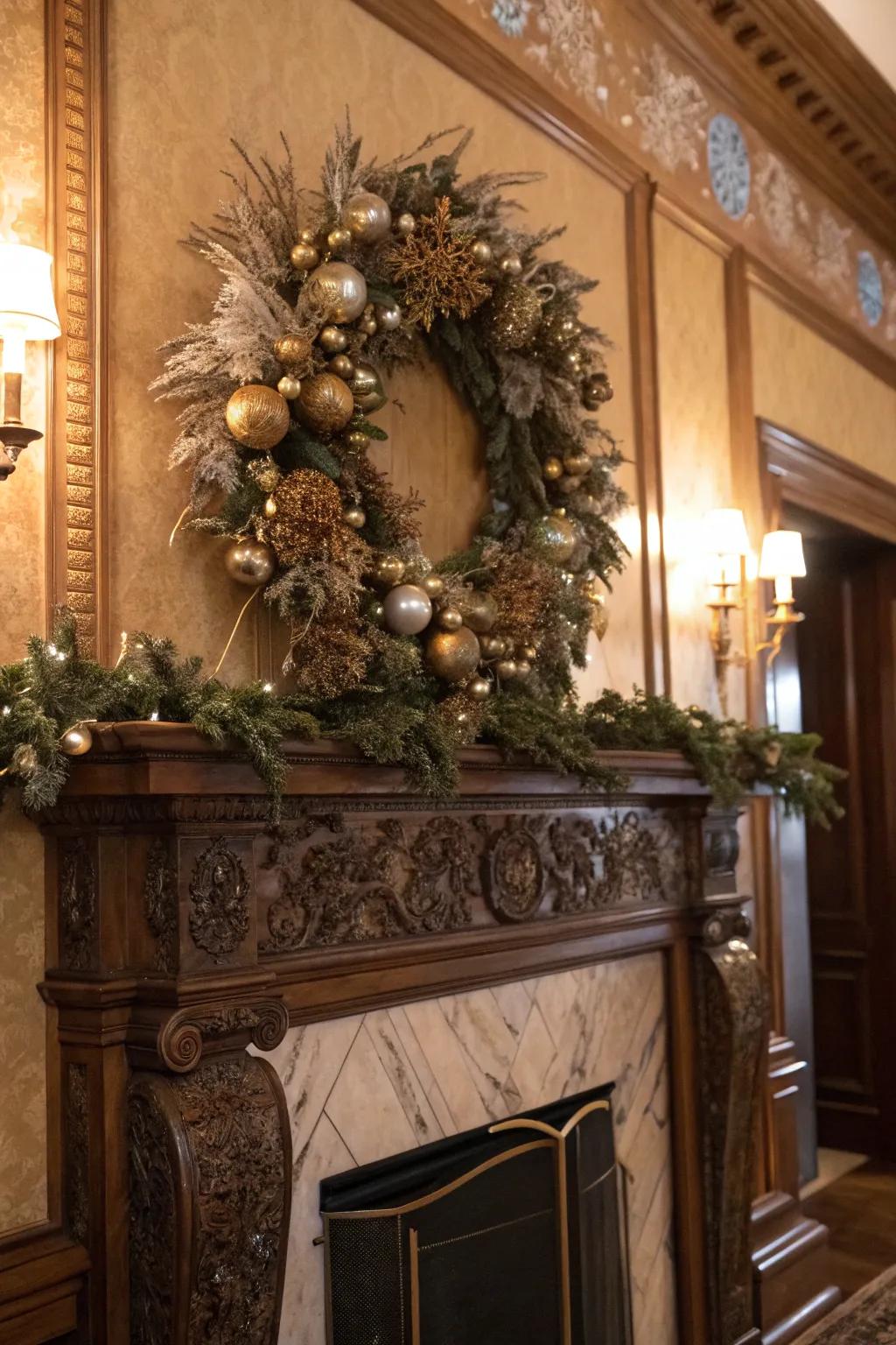 An elaborate wreath introduces an alluring focal point.
