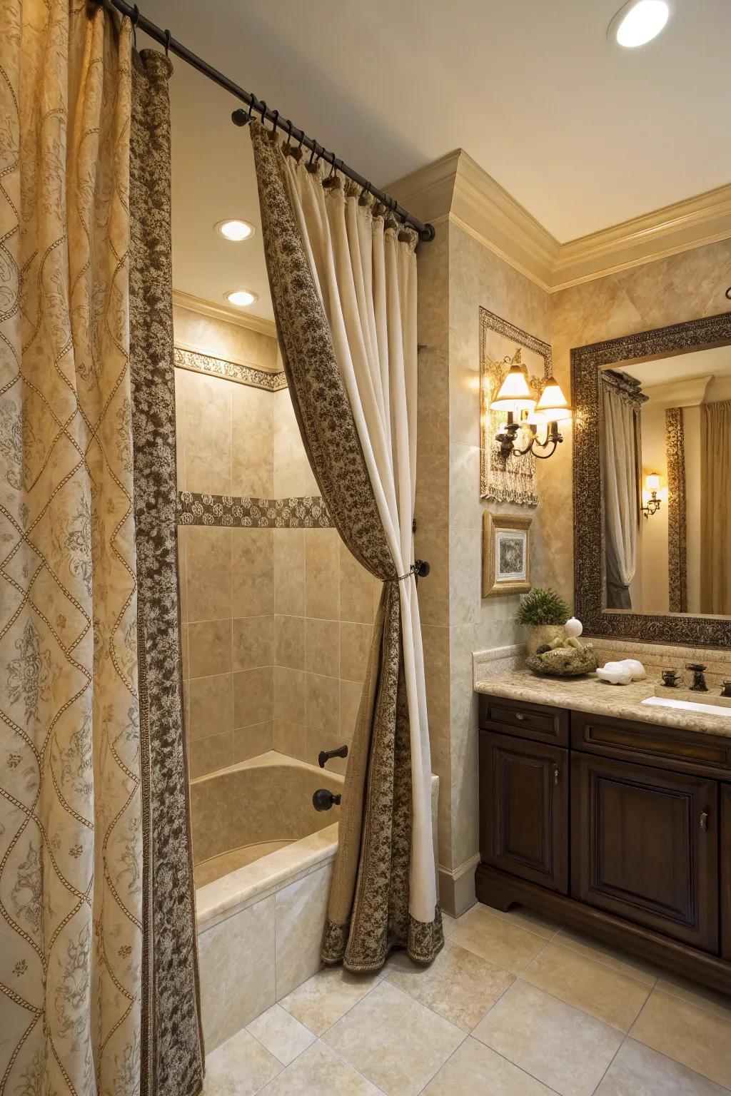 A luxurious bathroom highlights gracefully draped, layered shower curtains.