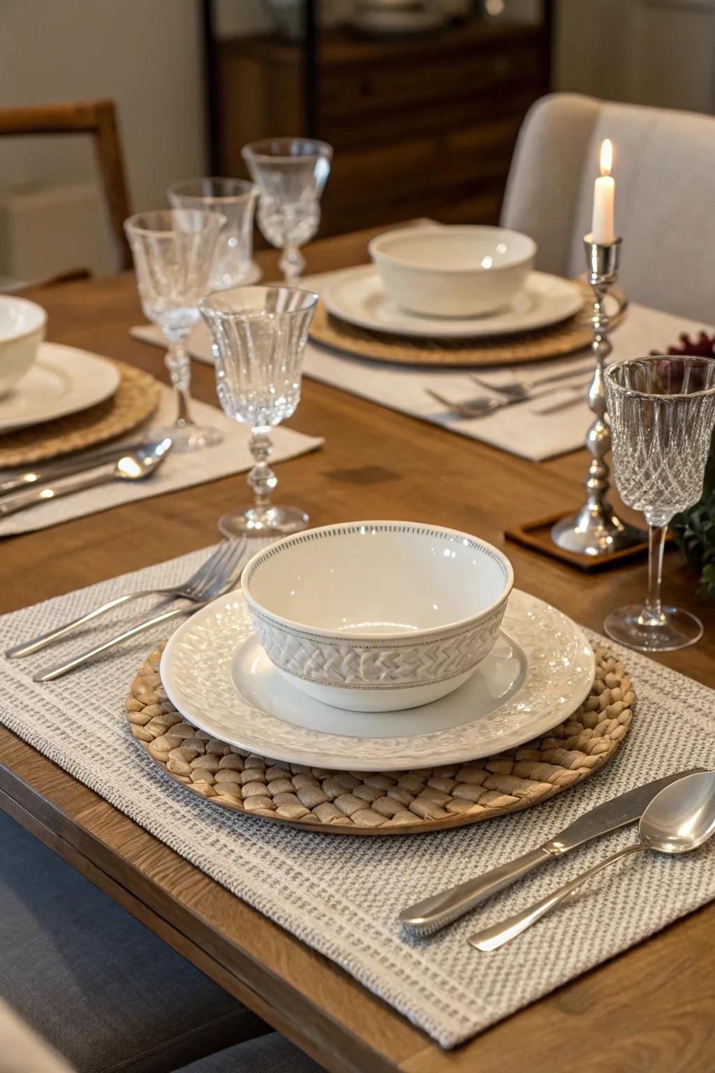 Textured placemats introduce a tactile element to the table.