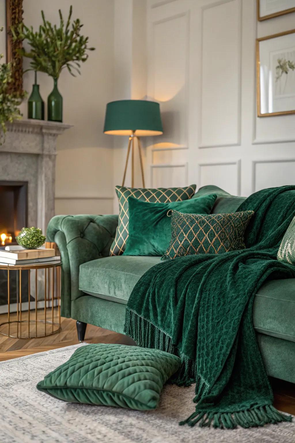 Various textures in green tones provide a comfortable ambiance.
